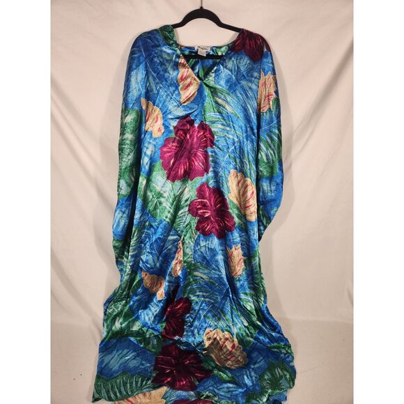 Vintage Winlar Womens Satin Kaftan Muumuu Hibiscus Print Retro Old Money One Siz - Picture 1 of 3